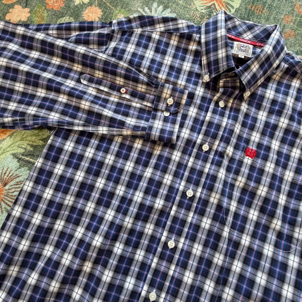Cinch‎ Mens Navy Blue Plaid Long Sleeve Western Button Down Shirt MTW1104445